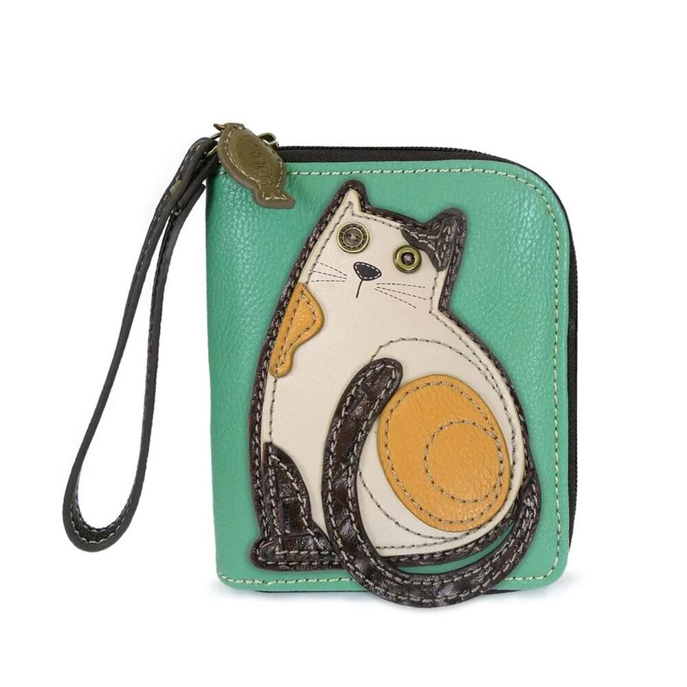 Chala Zip Around Faux Leather Wallet Credit Card Wristlet - Lazzy Cat, Teal NWT